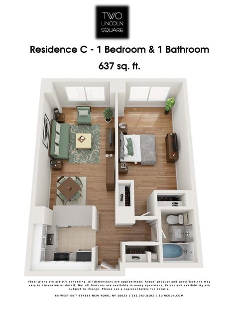 Floor plan for 1 bed, 1 bath, 637 sqft